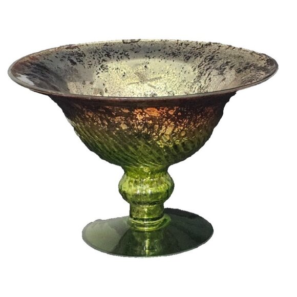 Vintage Green Glass Compote Dish, 7" Tall x 10" Wide Pedestal Bowl Decorative - Picture 1 of 8